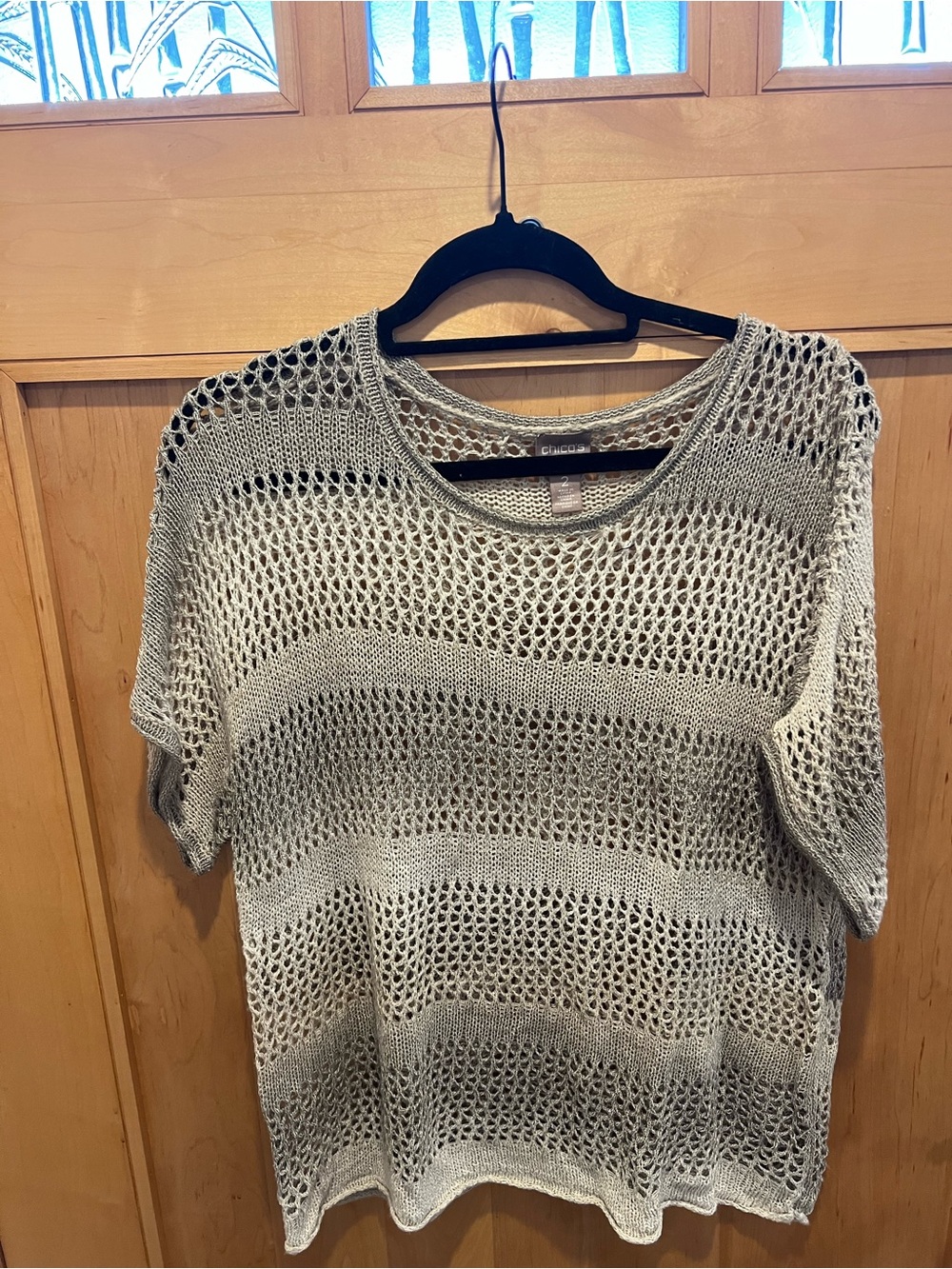 Chico's Light Gray Open-Knit Short Sleeve Sweater